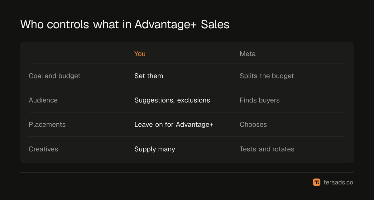 What you control and what Meta controls in an Advantage+ Sales campaign